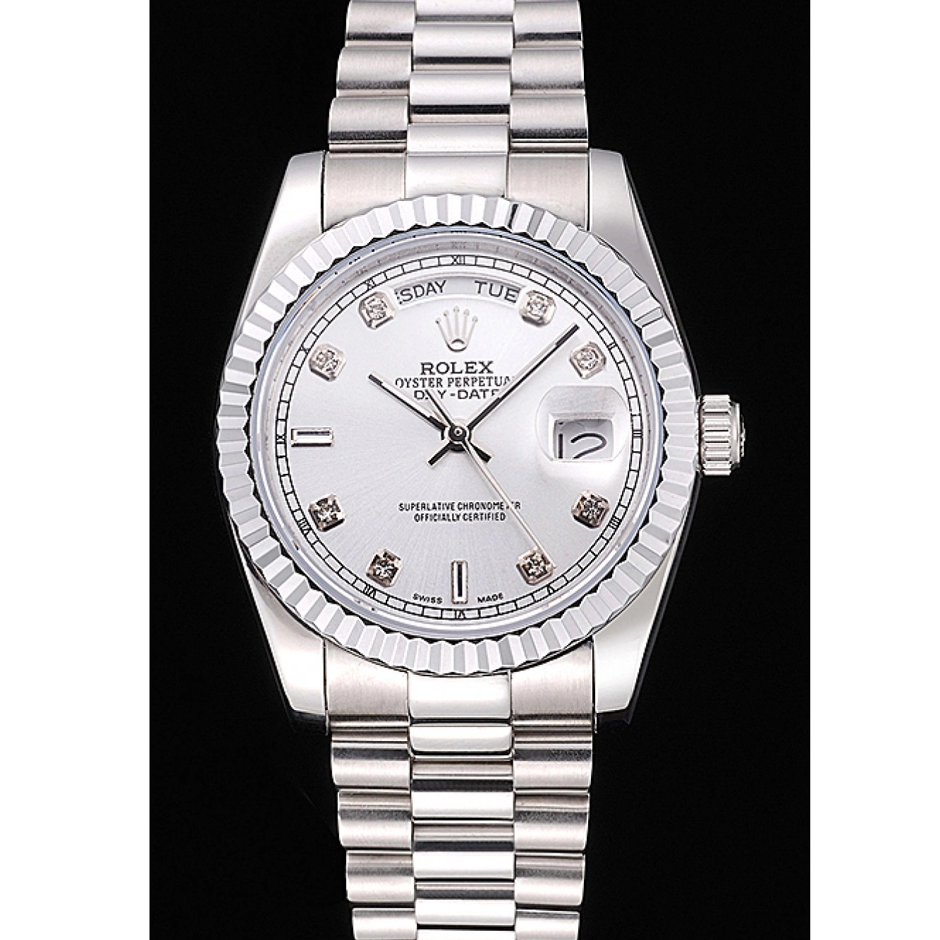 Aaa fake watches Dial Silver Polished Day-Date Stainless Rolex Steel 0719